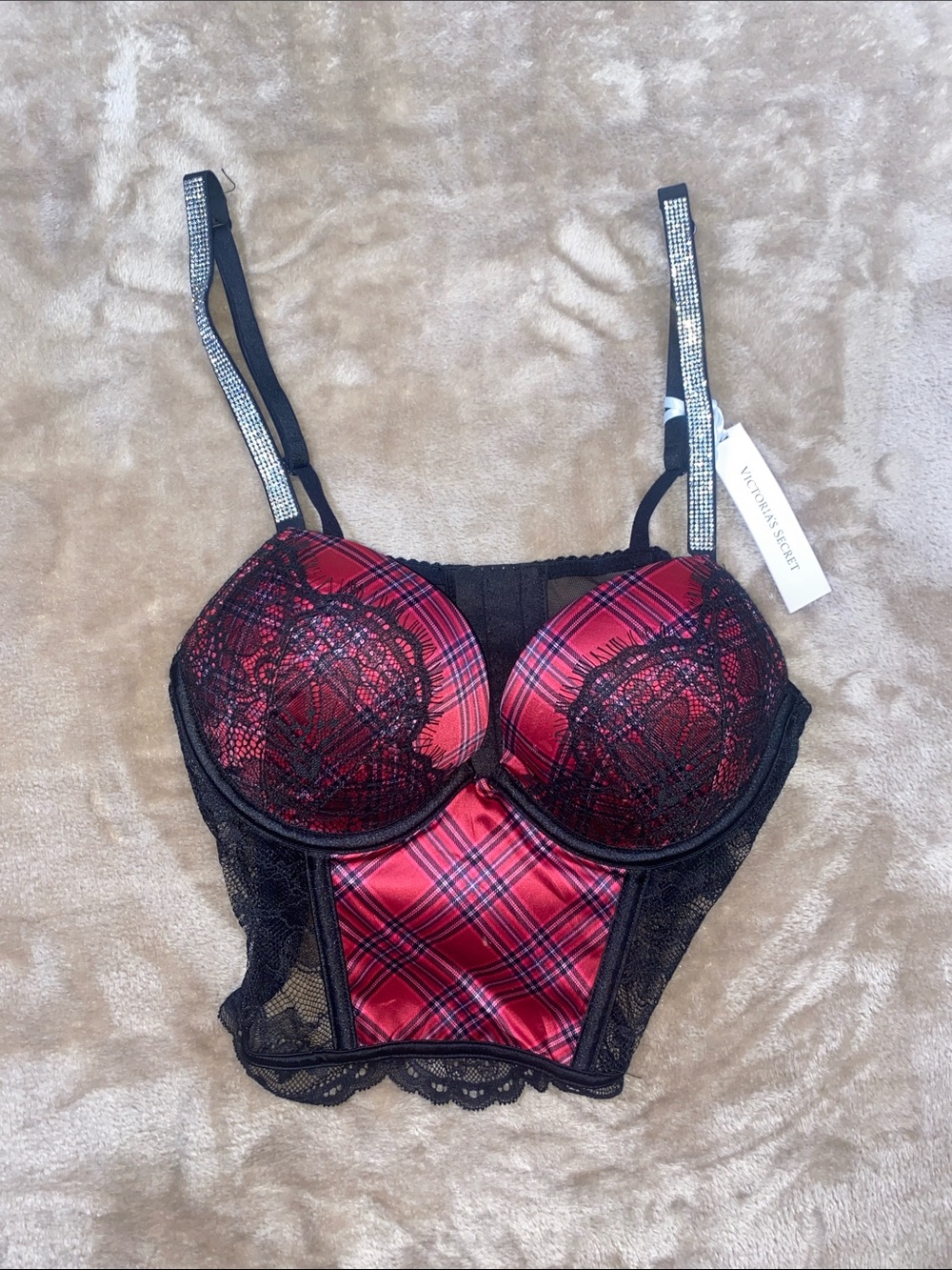 NWT Victoria's Secret Red Plaid Lace Longline Bustier Bra with Rhinestone Straps